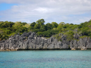 Volcanic rocks form an edge to an island