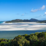 White sand swirled with blue ocean water against a blue sky backdrop