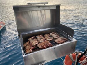 Prawn skewers cooking on an open BBQ