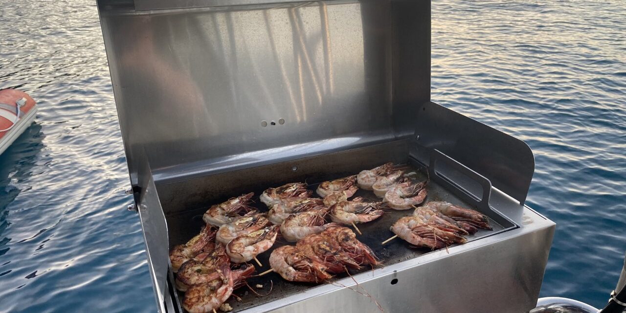 Prawn skewers cooking on an open BBQ