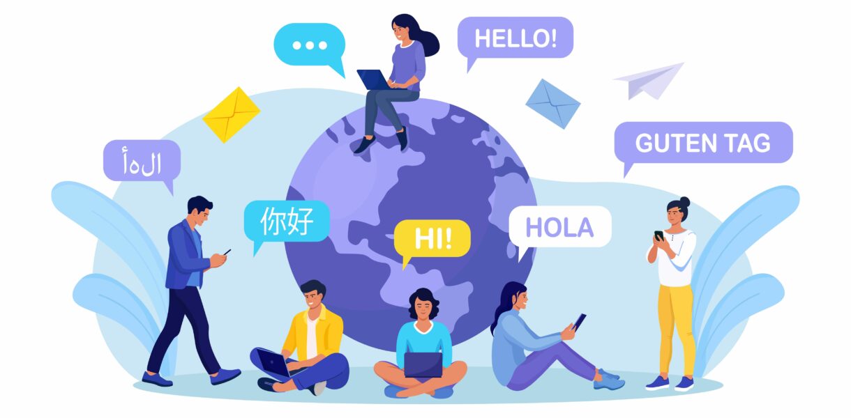 Young people chatting in foreign languages with phone. Multilingual greeting. Hello in different languages. Diverse cultures, international communication. Students with speech bubbles and earth planet