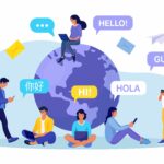 Young people chatting in foreign languages with phone. Multilingual greeting. Hello in different languages. Diverse cultures, international communication. Students with speech bubbles and earth planet