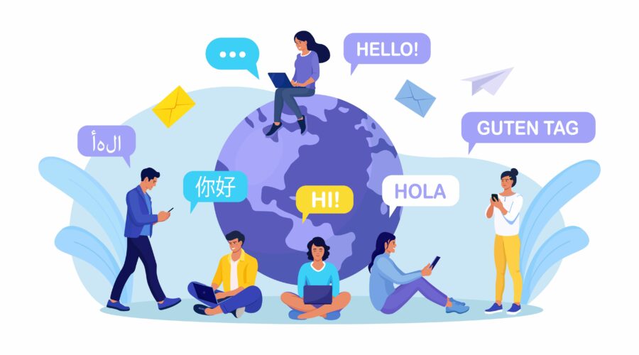 Young people chatting in foreign languages with phone. Multilingual greeting. Hello in different languages. Diverse cultures, international communication. Students with speech bubbles and earth planet